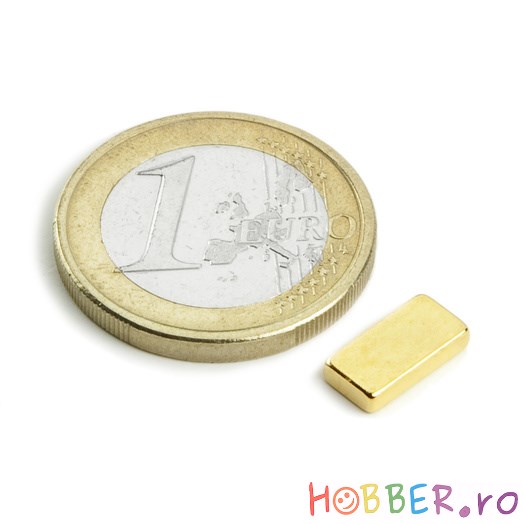 Magnet neodim bloc, 10x5x2 mm, putere 1,3 kg, N50, placat aur