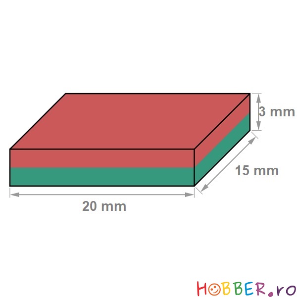 Magnet neodim bloc, 20x15x3 mm, putere 3 kg, N45