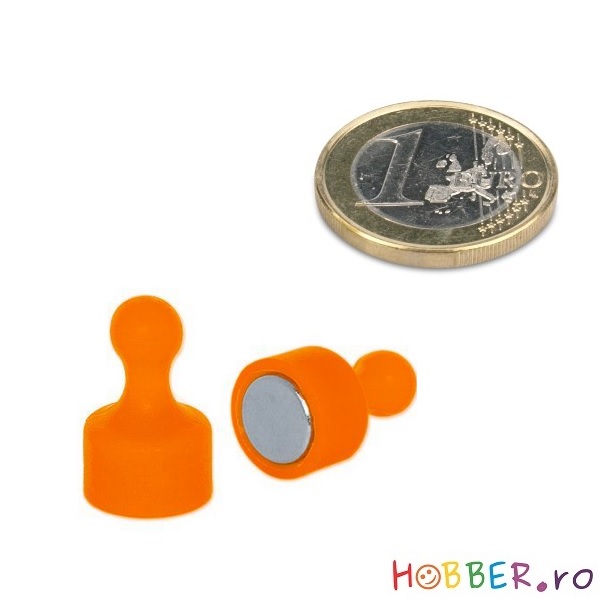 Pin magnetic portocaliu pentru birou, diametru 12 mm