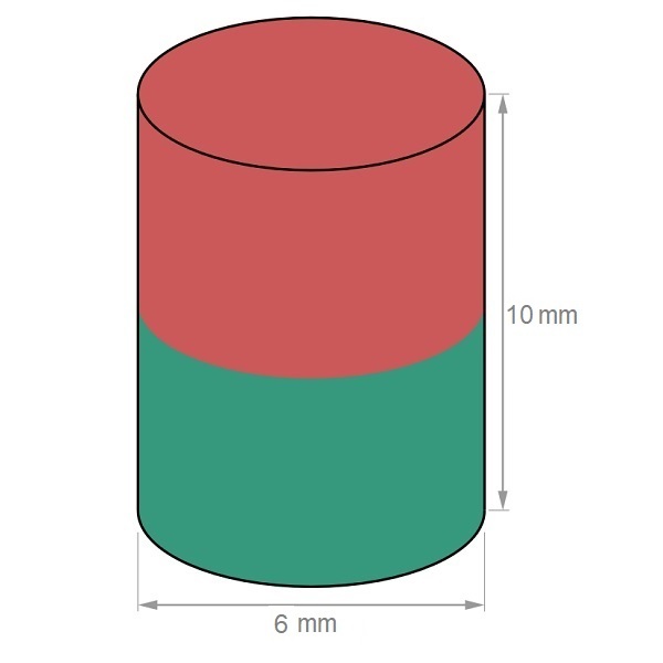 Magnet neodim cilindru ⌀6x10 mm, putere 1,4 kg - N40